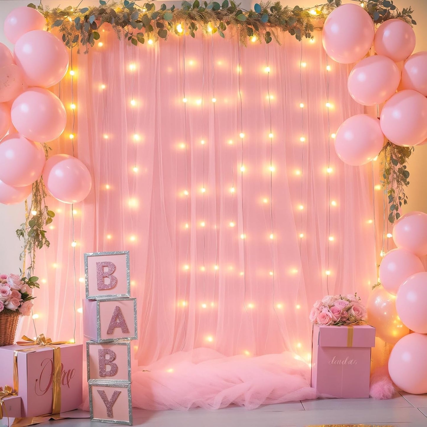 Sheer Backdrop Curtains with Lights String for Weddings Baby Showers, 10x10ft Sheer Tulle Photo Backdrop Curtains for Birthday Party Photography Background Decoration, Pink