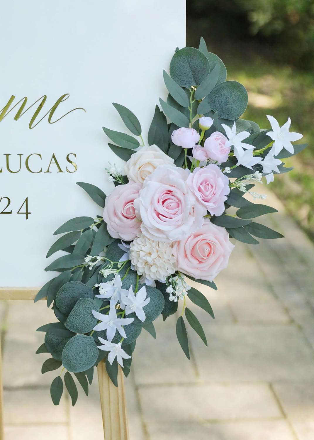Artificial Pink Wedding Arch Flowers Swag Set of 2 for Welcome Signs, Reception and Ceremony Decorations, Cream Floral Decor, UD-002