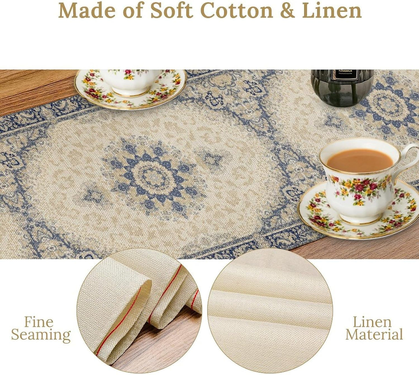 Boho Bohemia Style Table Runner, Vintage Blue Gold Retro Flower Rustic Country Style Floral Print Pattern for Home Kitchen Table Decor Dining Coffee Room Garden Party Decor 13x72in