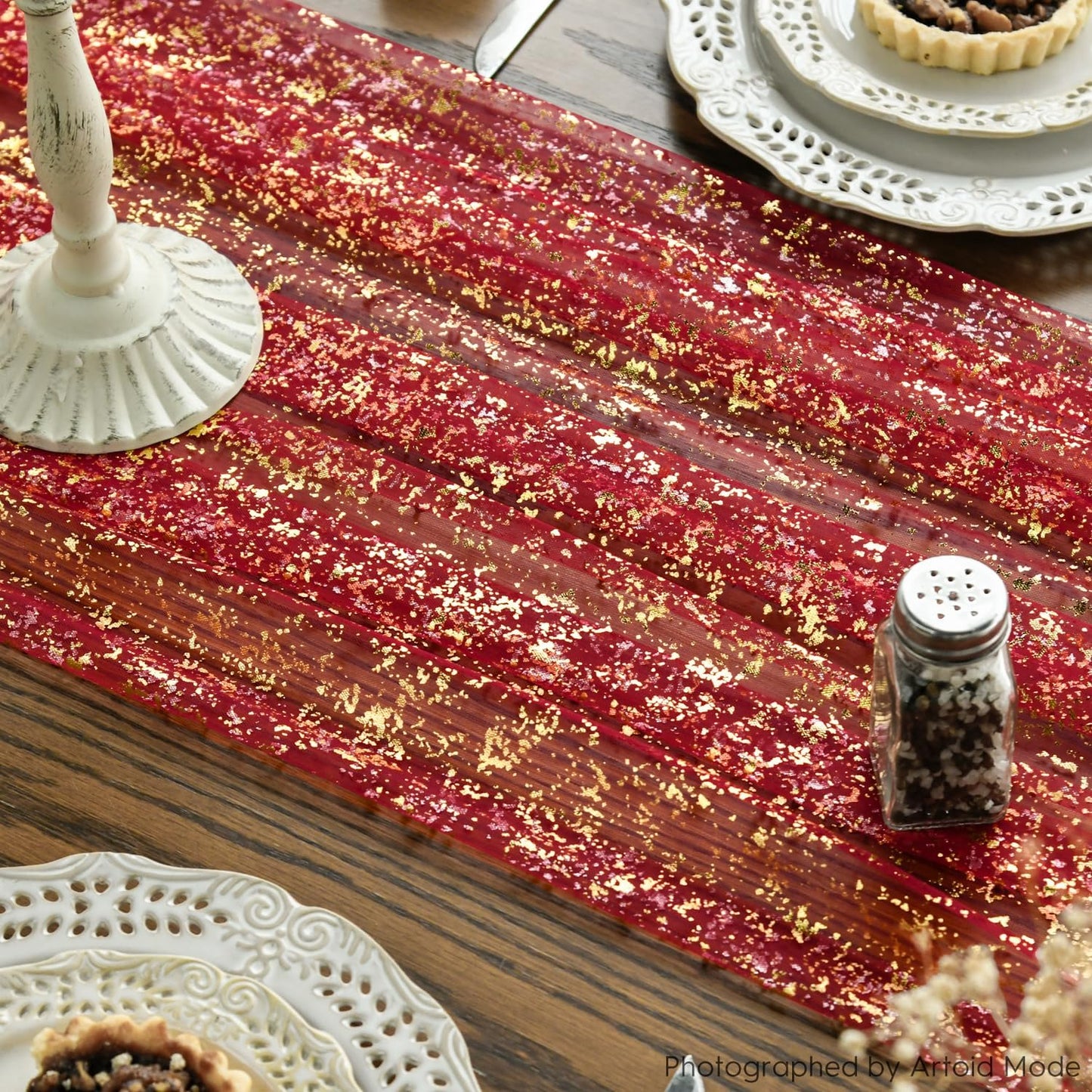 Artoid Mode 6PCS Red Gold Gauze Table Runner 120 Inch 10FT, Glitter Metallic Foil Sheer Dining Wedding Anniversary Holiday Table Decor for Home Party