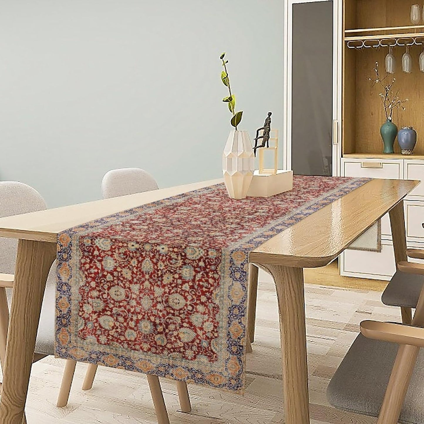 Boho Bohemia Style Table Runner, Vintage Red Blue Retro Flower Rustic Country Style Floral Print Pattern for Home Kitchen Table Decor Dining Coffee Room Garden Party Decor 13x108in