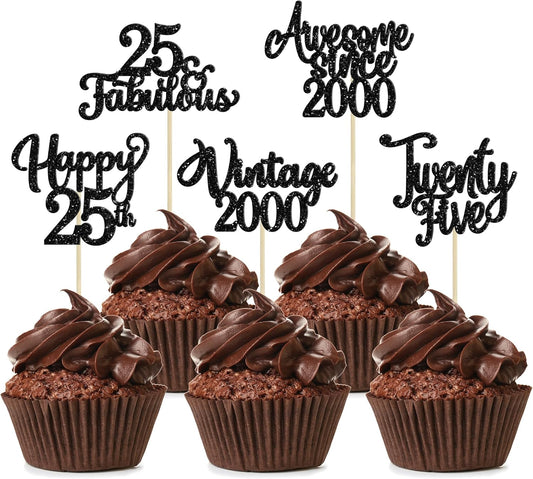 30Pcs Happy 25th Birthday Cupcake Toppers Glitter Awesome Since 2000 Twenty-Five 25 Fabulous Vintage 2000 Cupcake Picks for 25th Birthday Anniversary Retirement Party Cake Decorations Supplies Black