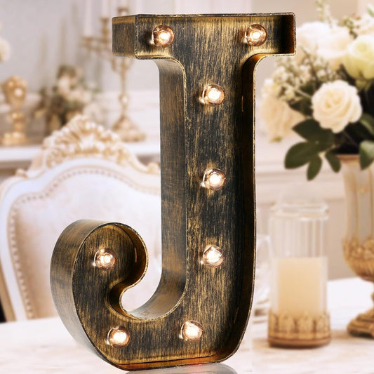 OYCBUZO Golden Black Led Marquee Letter - Industrial, Vintage Style Light Up Alphabet Letter Sign for Cafe Wedding Birthday Party Christmas Lamp Home Bar Initials Decor - J