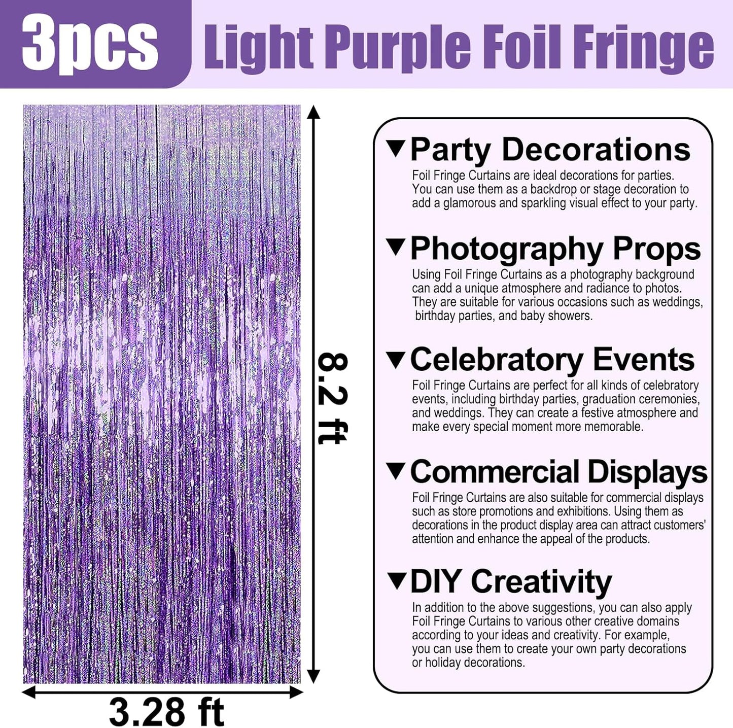 3 Pack Light Purple Foil Fringe Curtain Backdrop, 3.28Ft x 8.2Ft Metallic Tinsel Foil Fringe Streamer Curtains for Photo Booth, Mother's Day, Easter, Birthday, Wedding Party Decorations