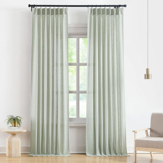 Vision Home Soft Green Pinch Pleated Semi Sheer Curtains Textured Linen Blended Light Filtering Window Curtains 102 inch for Living Room Bedroom Pinch Pleat Drapes with Hooks 2 Panels 40" Wx102 L
