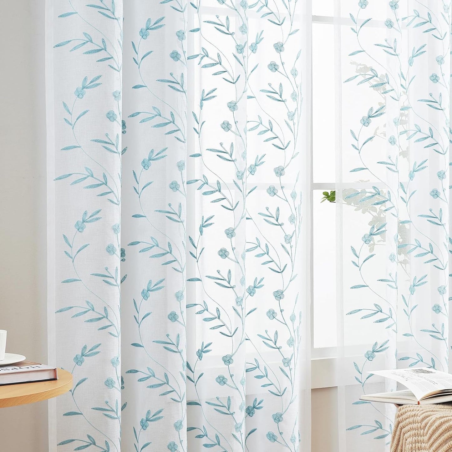 Sheer Curtains Floral Embroidery White-Blue 84 Inch Long Rod Pocket Lace Drapes for Living room, Bedroom, 2 Panels, 52"x84", Semi Voile Pattern Outdoor Window Treatment Sets for Yard, Patio, Parlor.