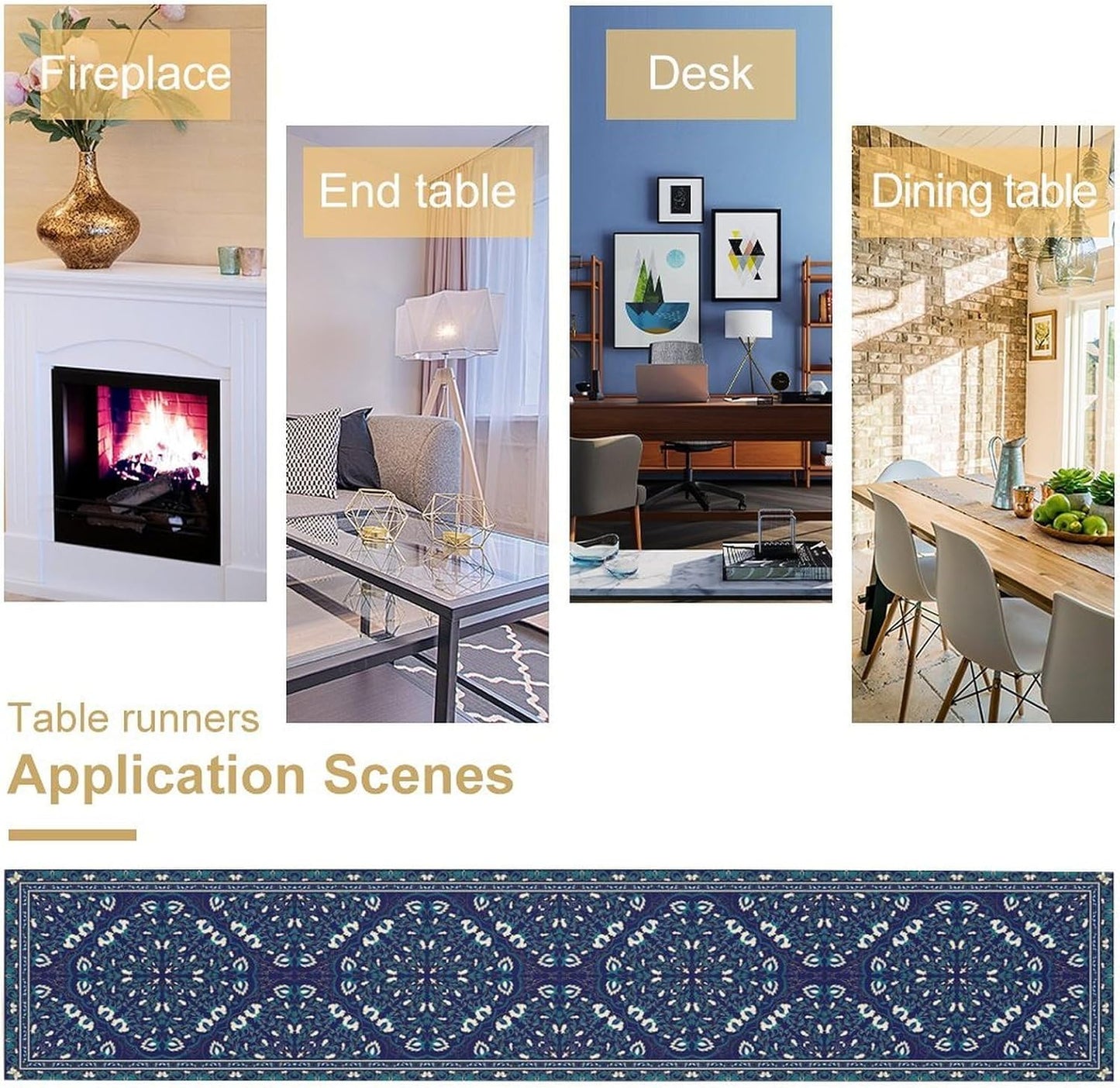 Boho Floral Vintage Table Runner, Retro Morris Abstract Blue Flower Rustic Country Farmhouse Pattern for Home Kitchen Table Decor Dining Coffee Room Wedding Party Decor 13x60in