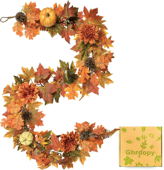 Artificial Fall Maple Leaves Garland Hanging Vine 6Ft Fake Pumpkin Pine Berries Autumn Decoration Garland Decor for Fireplace Home Doorway Party Indoor Outdoor