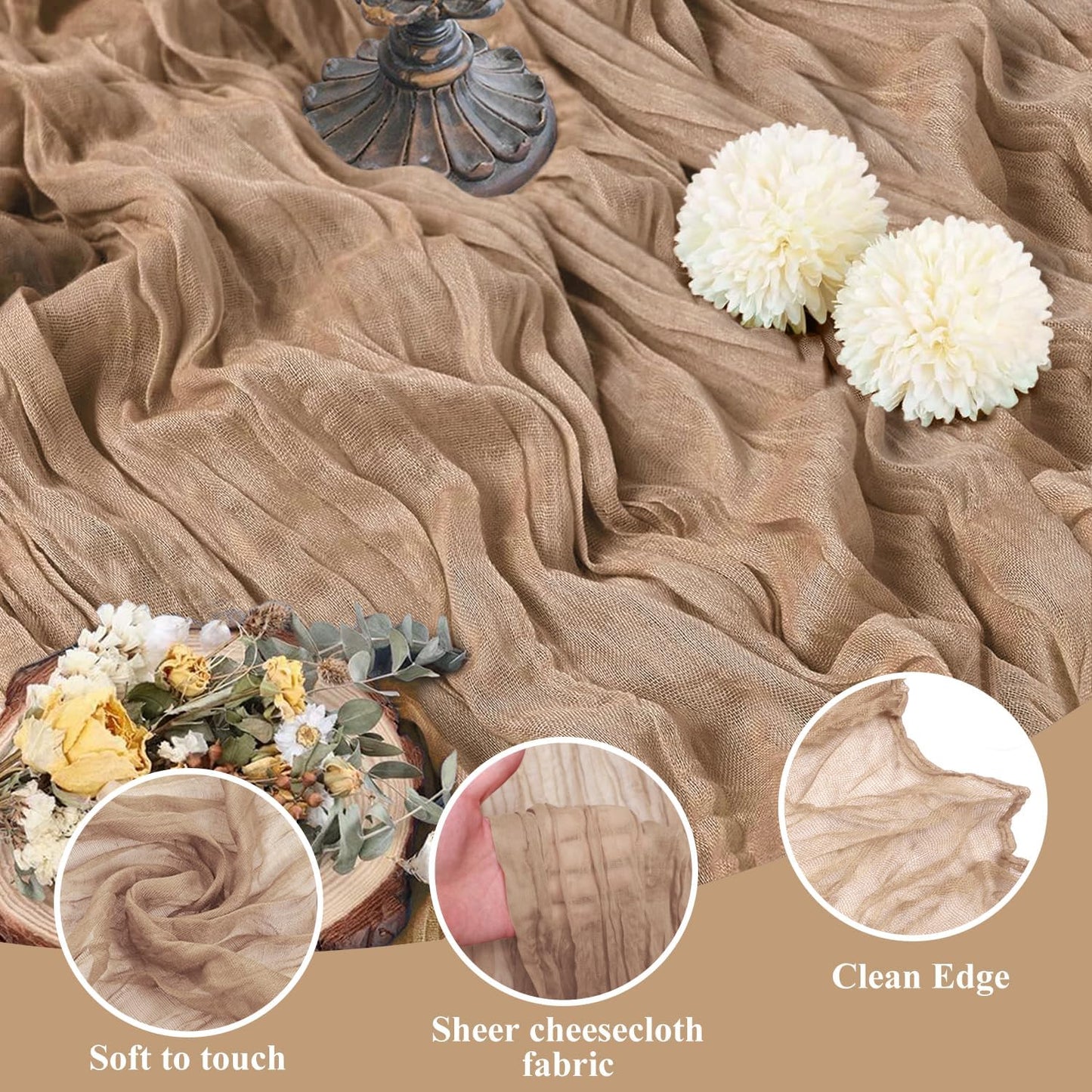 Asee'm Cheesecloth Table Runner 120 Inches Long Nude Boho Gauze Cheese Cloth Runner 10FT Rustic Sheer Fall Table Runners for Thanksgiving Christmas Wedding Party Baby Shower Decoration