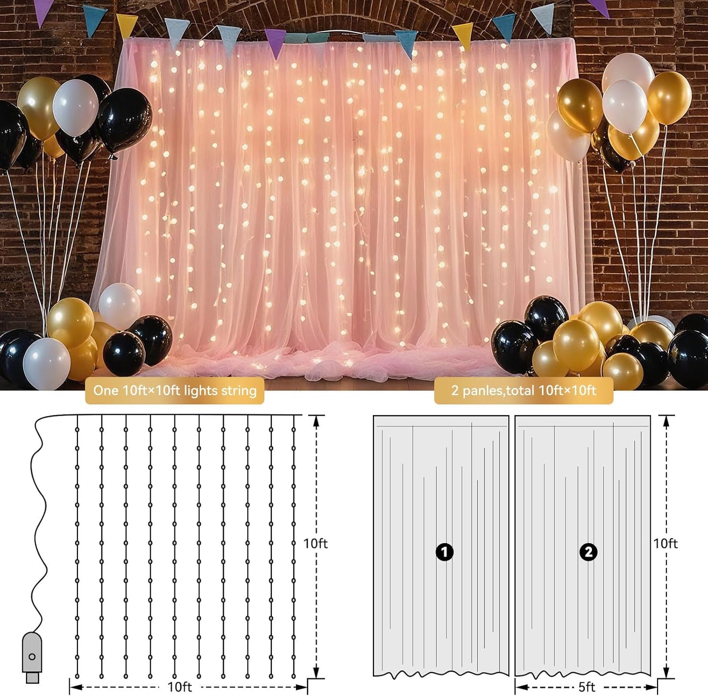 10×10ft Tulle Backdrop Curtains with Lights String - 300LED Fairy Lights Sheer Curtain Backdrop for Weddings Baby Shower and Birthday Party Decorations(8 Panels 5×10ft)