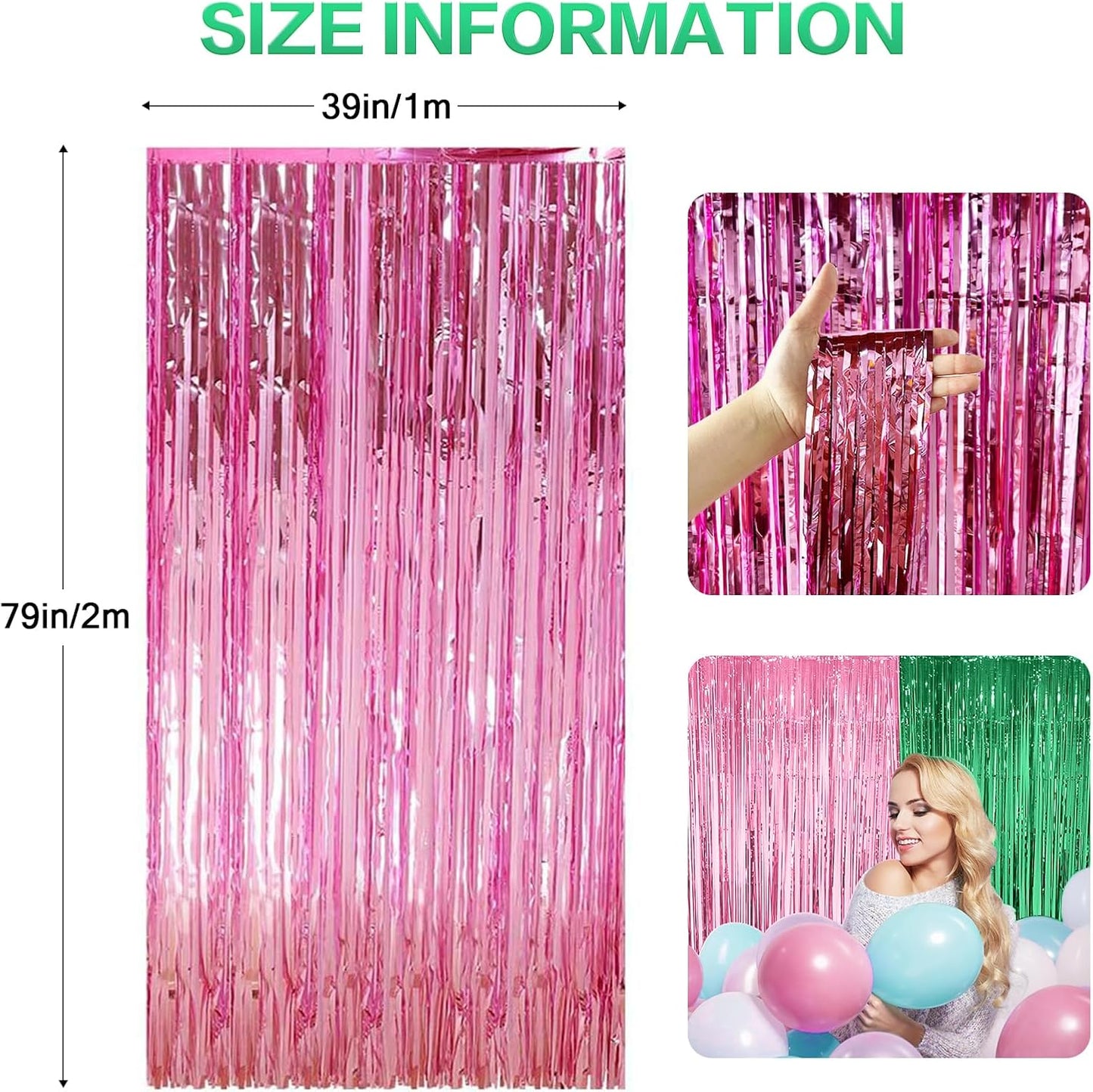 CANREVEL 2 Pack 3.3x6.6 Feet Pink and Green Foil Fringe Backdrop Curtains, Tinsel Streamers for Wicked Witch Merch Decor Birthday Party, Graduation, Halloween Party Decorations