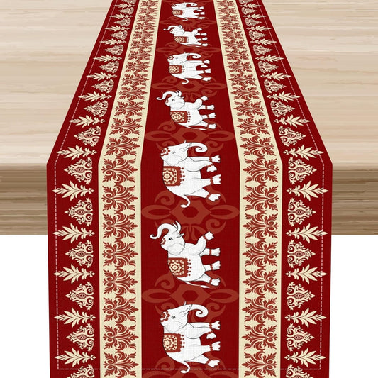 Boho Elephant Table Runner, Vintage Tribal Traditional African Animals Ethnic Folk Red Table Center Decor for Home Kitchen Dining Patio Holiday Party Indoor Outdoor Table Decorations, 13"x36" Inch