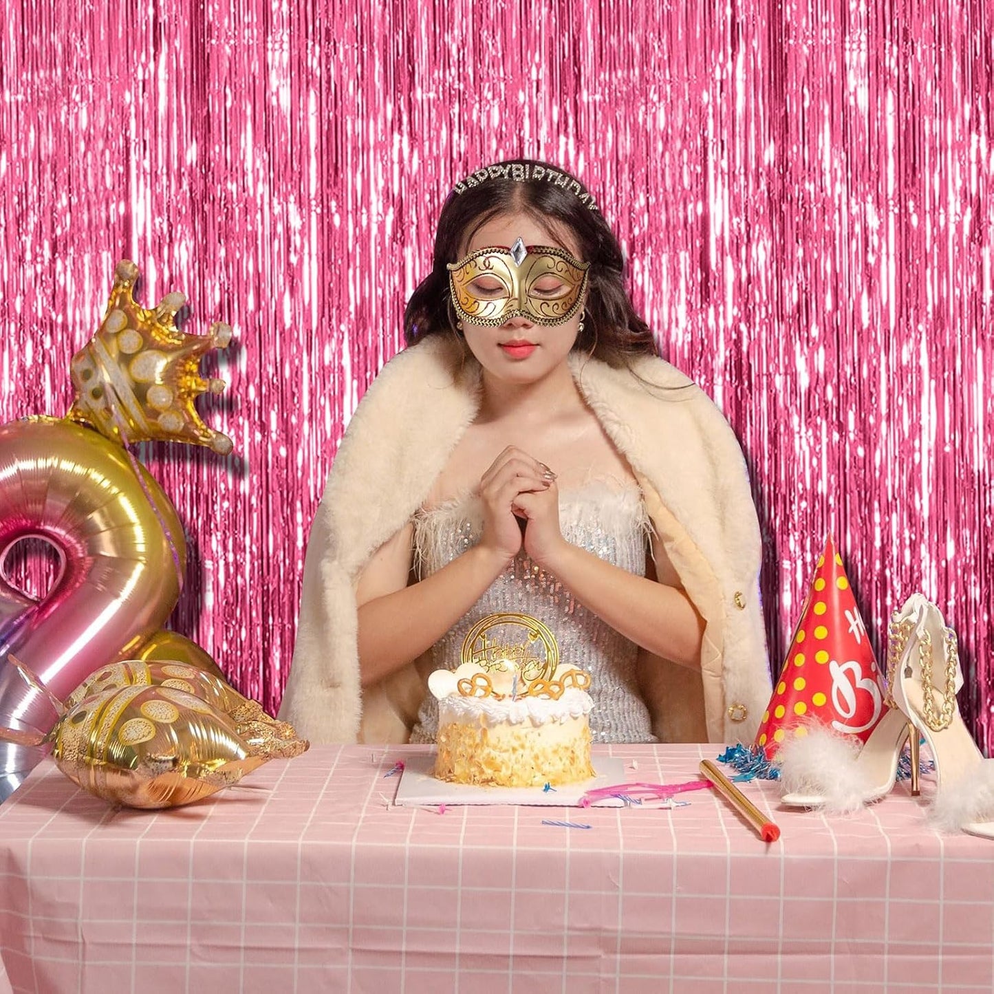 3 Pack Pink Backdrop Birthday Party Decorations Tinsel Foil Fringe Curtains Backdrop Streamer Bachelorette Christmas Graduation Wedding Princess Pink Theme Party Decorations