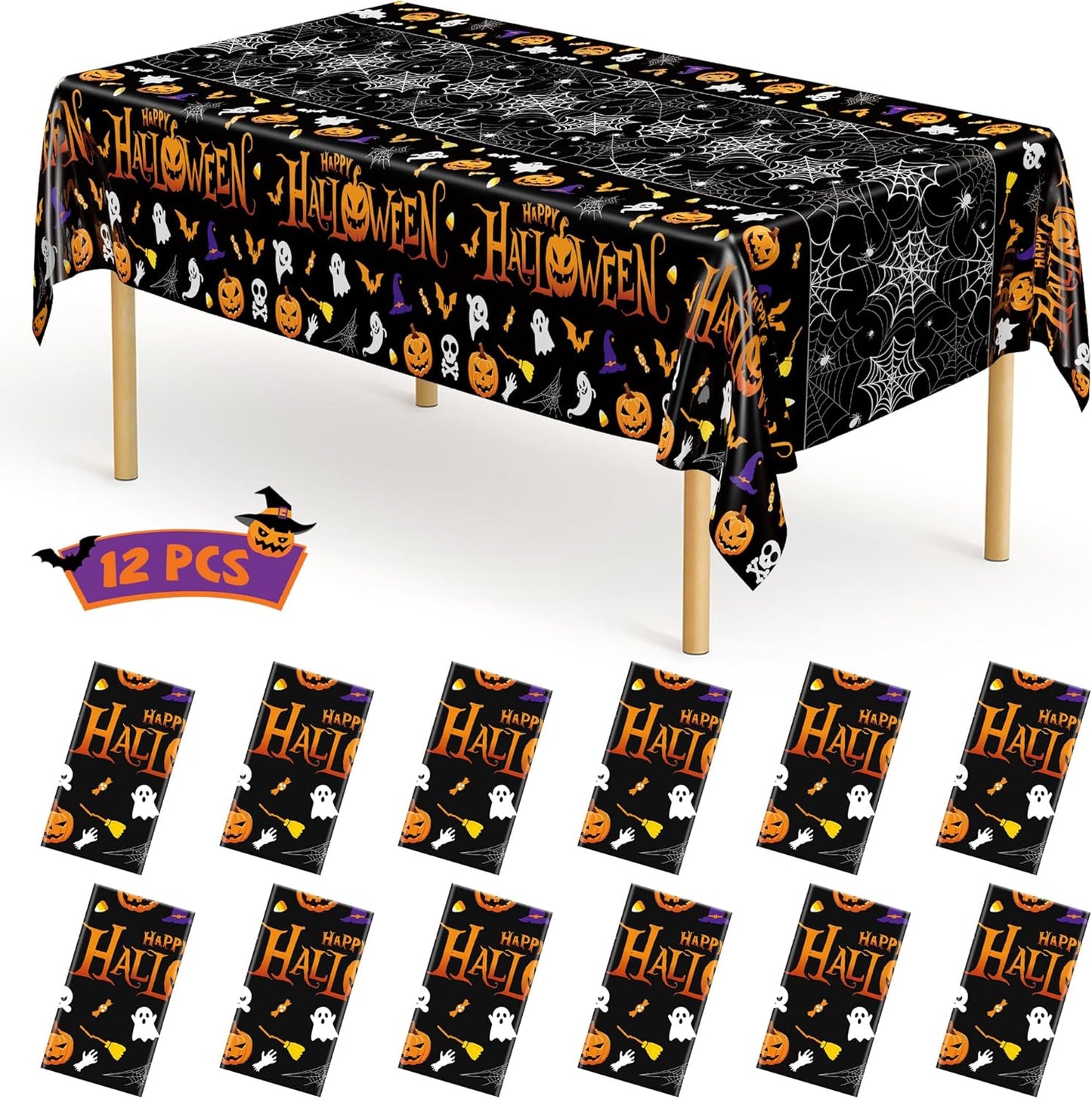 QZYL 12 Pack Halloween Plastic Tablecloth, 54" x 108" Pumpkin Decorations, Spider Webs Pumpkin Design Disposable Table Cloth Tablecover, Halloween Party Decor Dinnerware Indoor