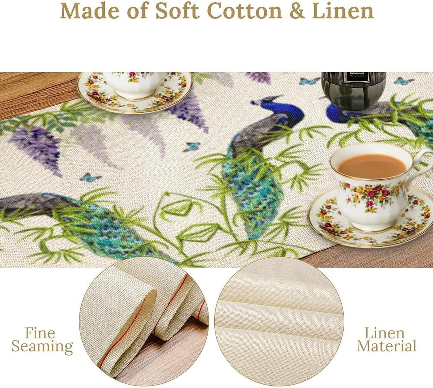 Peacock Table Runner,Spring Plant Butterfly Print Seasonal Table Runner for Home Kitchen Dining Party Indoor Outdoor Decoration 13x90 Inch