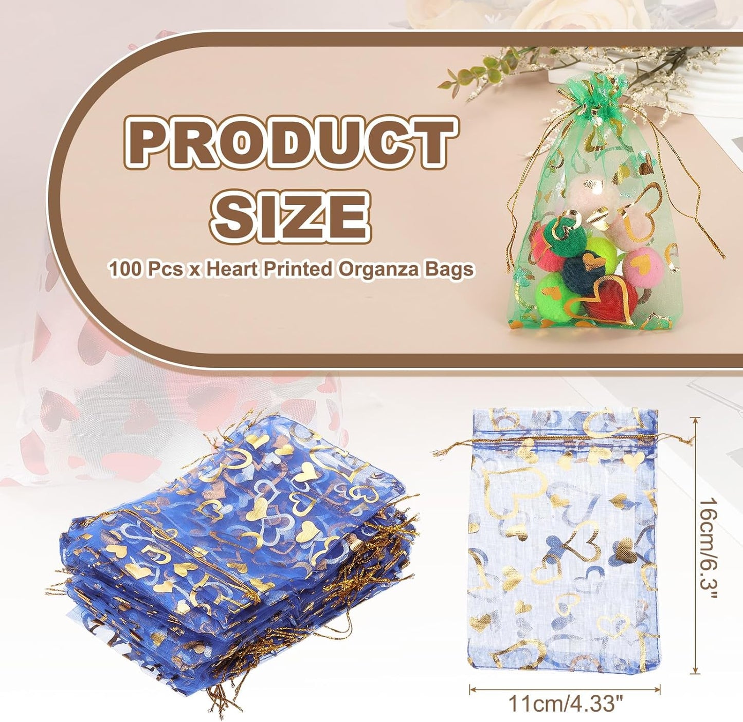 PATIKIL 100 Pcs 4x6 Inch Heart Printed Organza Bags, Navy Blue Sheer Heart Organza Bags with Drawstring for Christmas Candy Jewelry Party Wedding Favor Gift