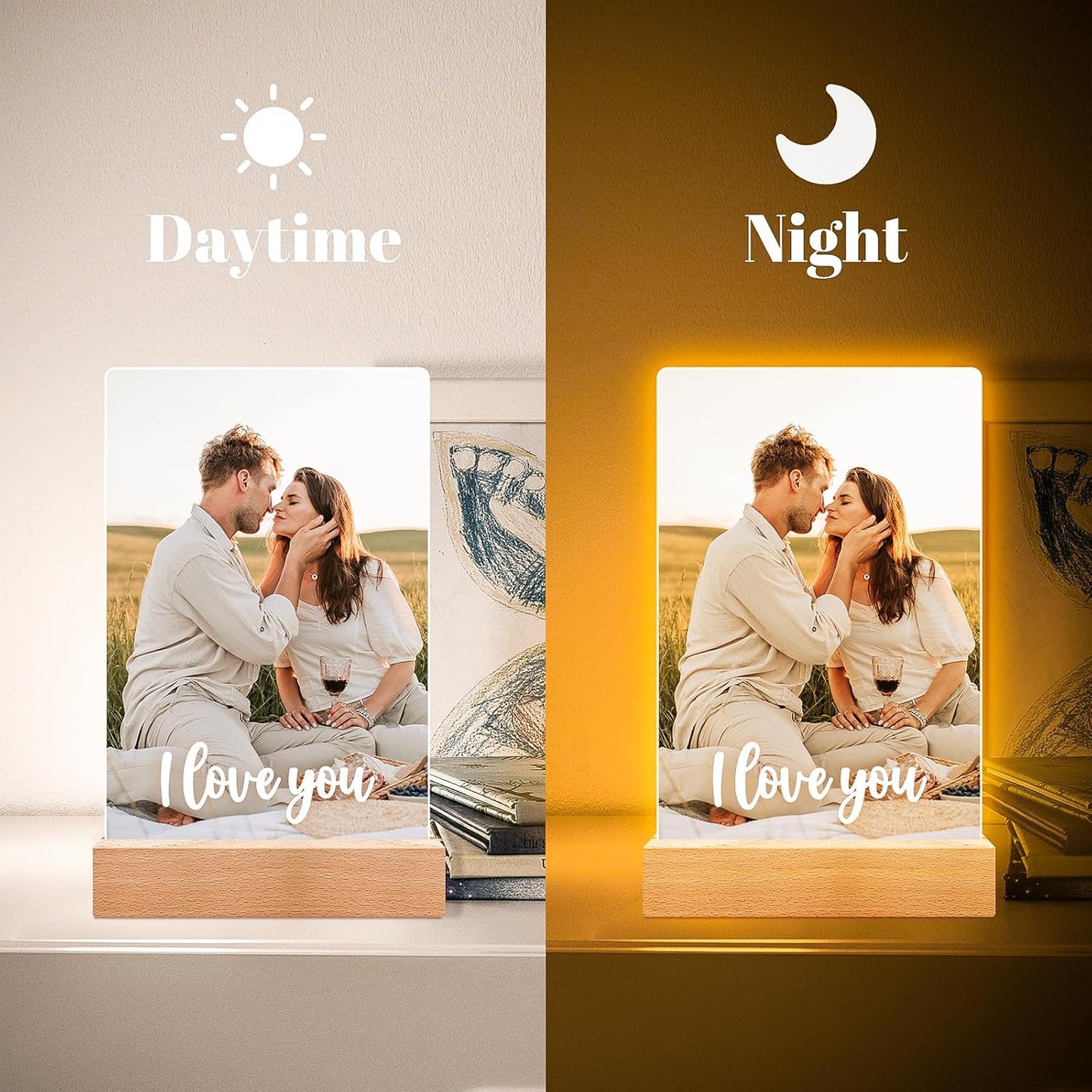 Personalized Picture Frame with Photo, Customized Photo Frame with Night Light, Custom Couple Picture Frames, Personalized Anniversary Birthday Gifts for Women Men Girlfriend Boyfriend Her Him