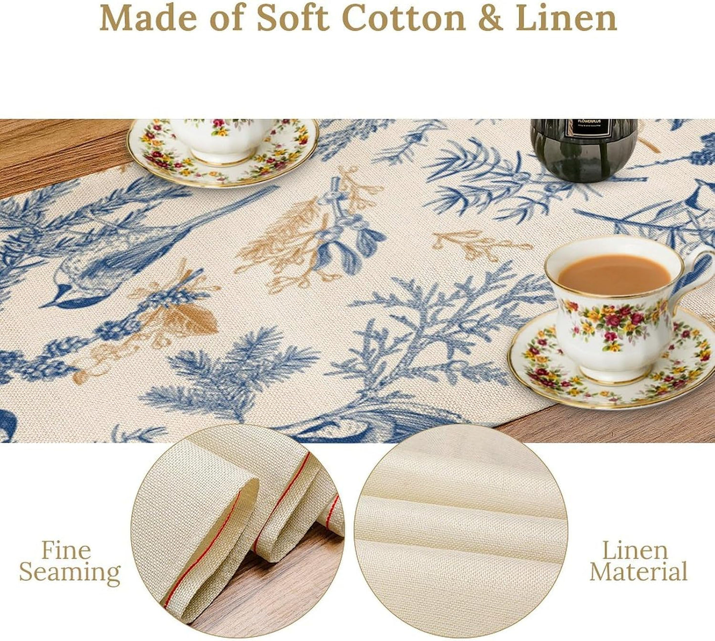 Chinoiserie Flowers Table Runner, Seasonal Spring Fall Plants Blue Florals Birds Dinner Runner for Home Kitchen Dining Table Party Holiday Decoration 13"x90"