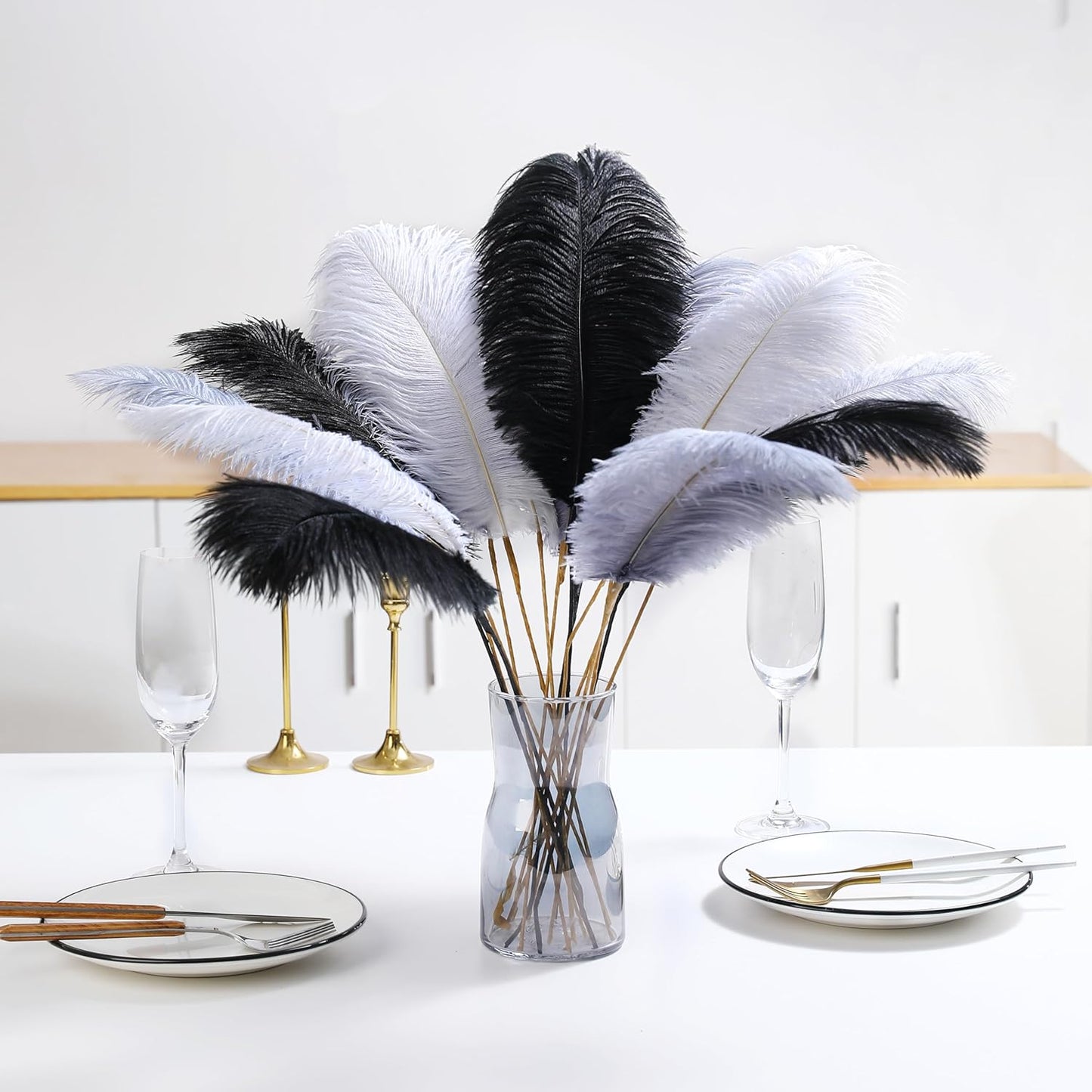 Holmgren Black White Grey Ostrich Feathers - 20pcs Making Kit 22 Inch Ostrich Feathers Bulk for Vase, Floral Arrangement, Wedding Party Centerpieces and Home Decorations