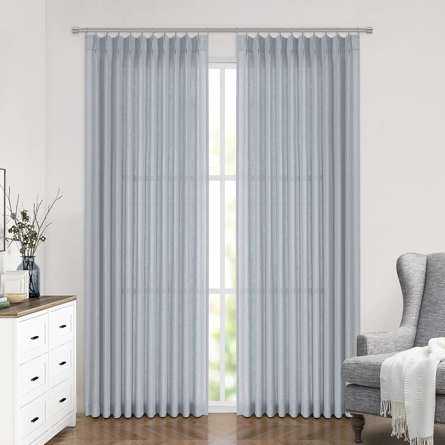 Vision Home Blue Fog Pinch Pleated Semi Sheer Curtains Textured Linen Blended Light Filtering Window Curtains 90 inch for Living Room Bedroom Patio Pinch Pleat Drapes with Hooks 1 Panel 60" Wx90 L
