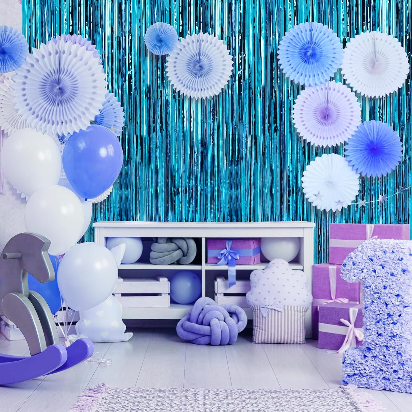 Crosize 3 Pack 3.3 x 9.9 ft Blue Foil Fringe Backdrop Curtain, Streamer Backdrop Curtains, Streamers Birthday Party Decorations, Tinsel Curtain for Parties, Galentines Decor, Preppy, Photo Booth