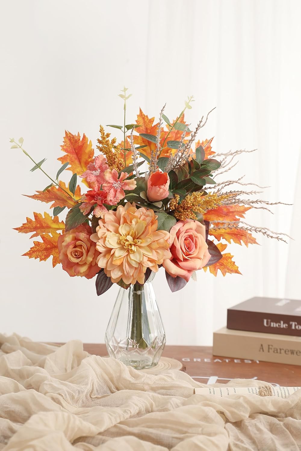 Artificial Flowers with Vase,Orange Silk Roses and Fake Plant Eucalyptus in Vase,Faux Flower Arrangement with Vase Suitable for Home Office Decoration, Living Room and Dining Table Centerpiece