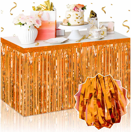 3 Pack Orange Foil Fringe Table Skirts Metallic Tinsel Streamers Garland Banner Backdrop for Table Decor, Parade Float, Birthday, Wedding, Halloween, Christmas Party Decorations(29x108 In)
