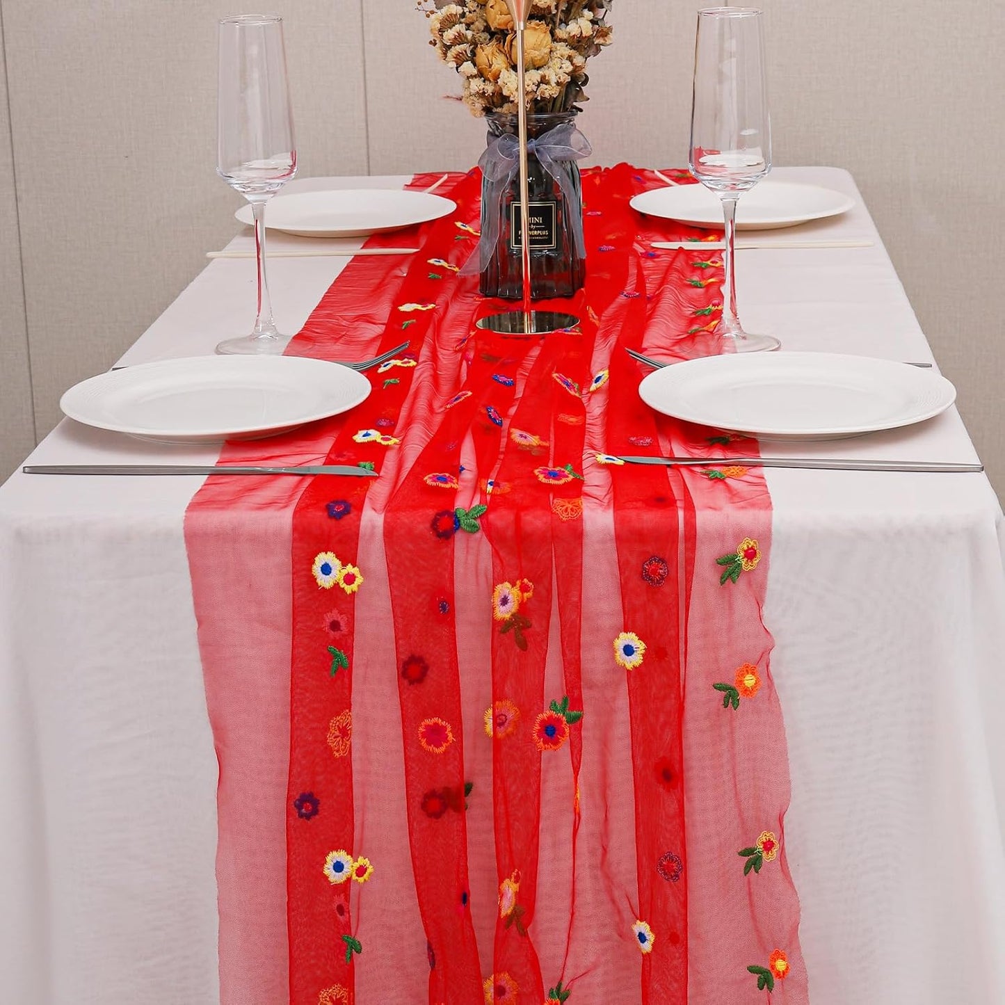 BINBE 3pcs Daisy Fall Table Runner Embroidery Gauze 10FT Florals Seasonal Tulle Holiday Birthday Kitchen Dining Table Decor for Home Party Red