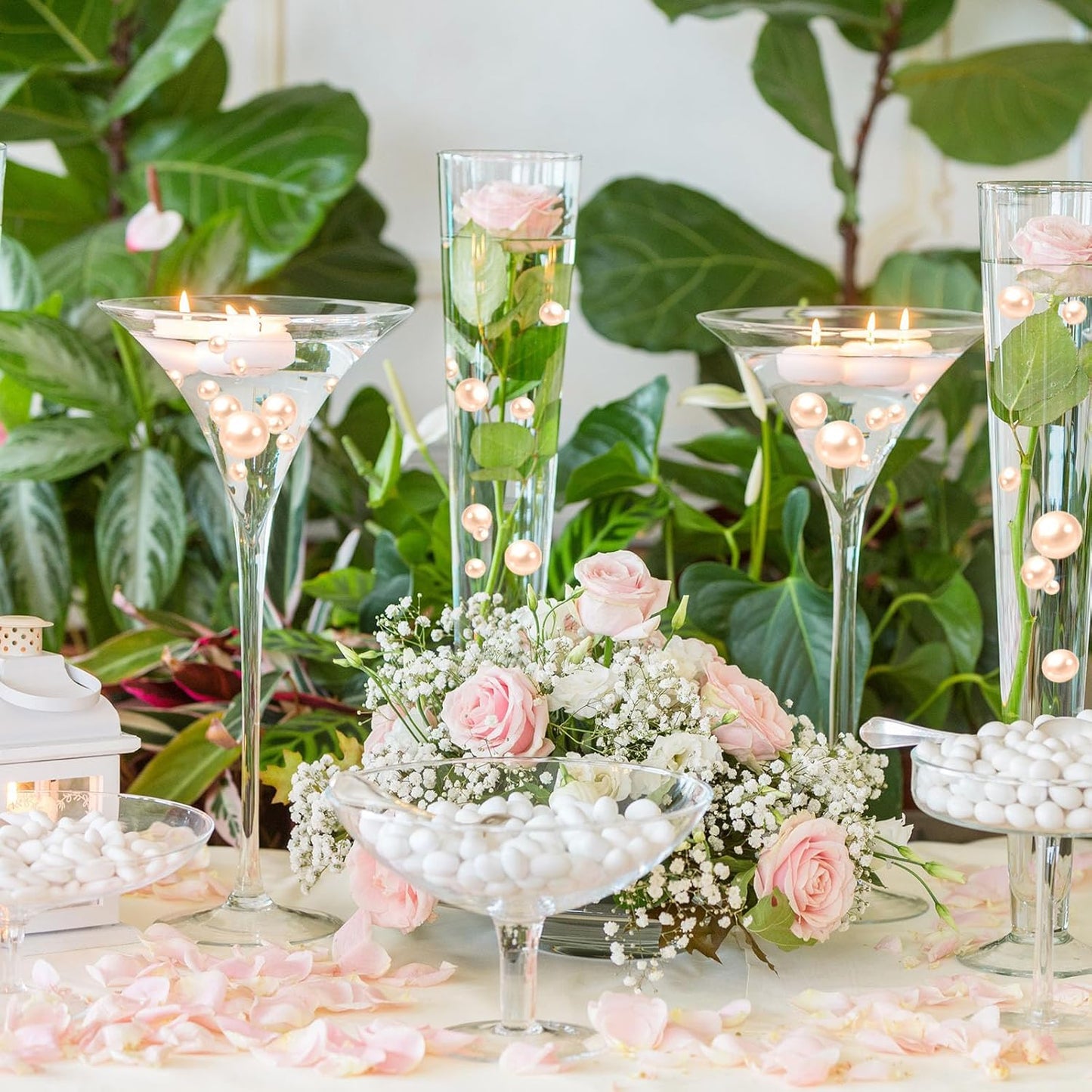 100PCS Light Champagne Faux Pearls Beads for Centerpiece Vases, Vase Filler Faux Pearls, No Holes Filler Beads for Party Anniversary Birthday Wedding Table Decor, 14/20/30mm