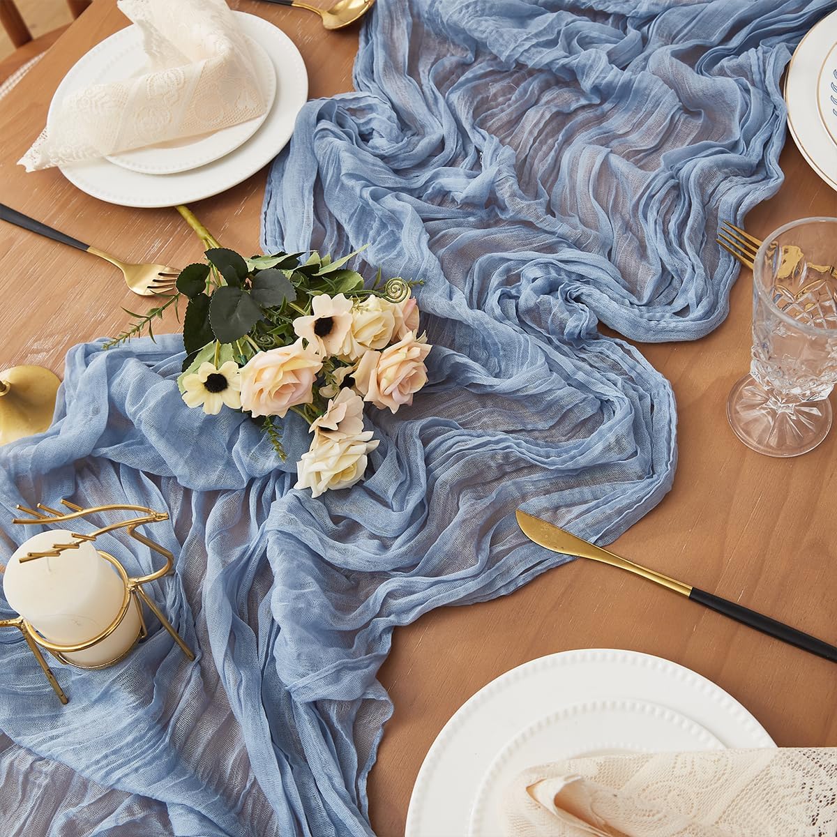 Dusty Blue 1 Pack Cheesecloth Table Runner 120 Inch 10 FT Boho Rustic Gauze for Wedding Baby Shower Party Farmhouse Summer Home Decor Washable