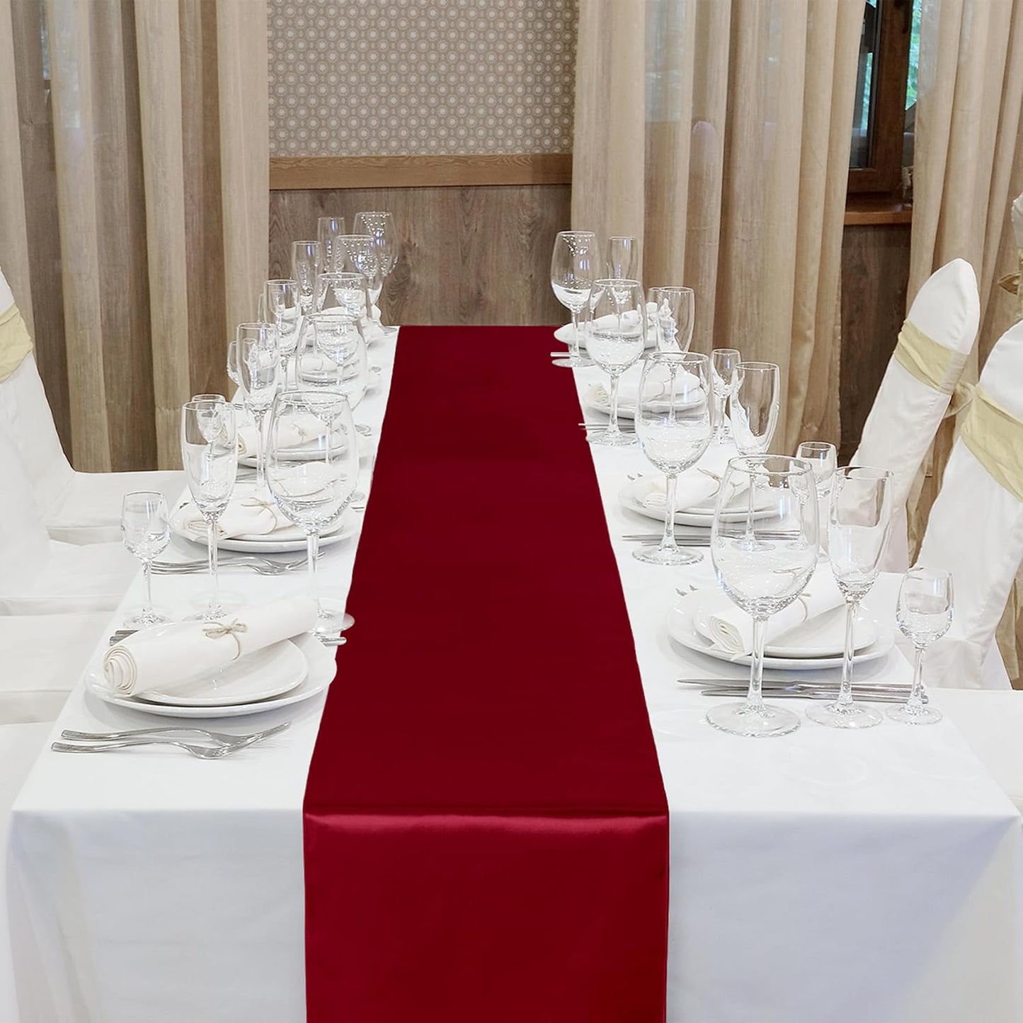Aneco 16 Pack Satin Table Runner 12 x 108 Inch Burgundy Long Wedding Satin Silk Table Runner for Wedding Banquet Graduations Birthday Party Decoration