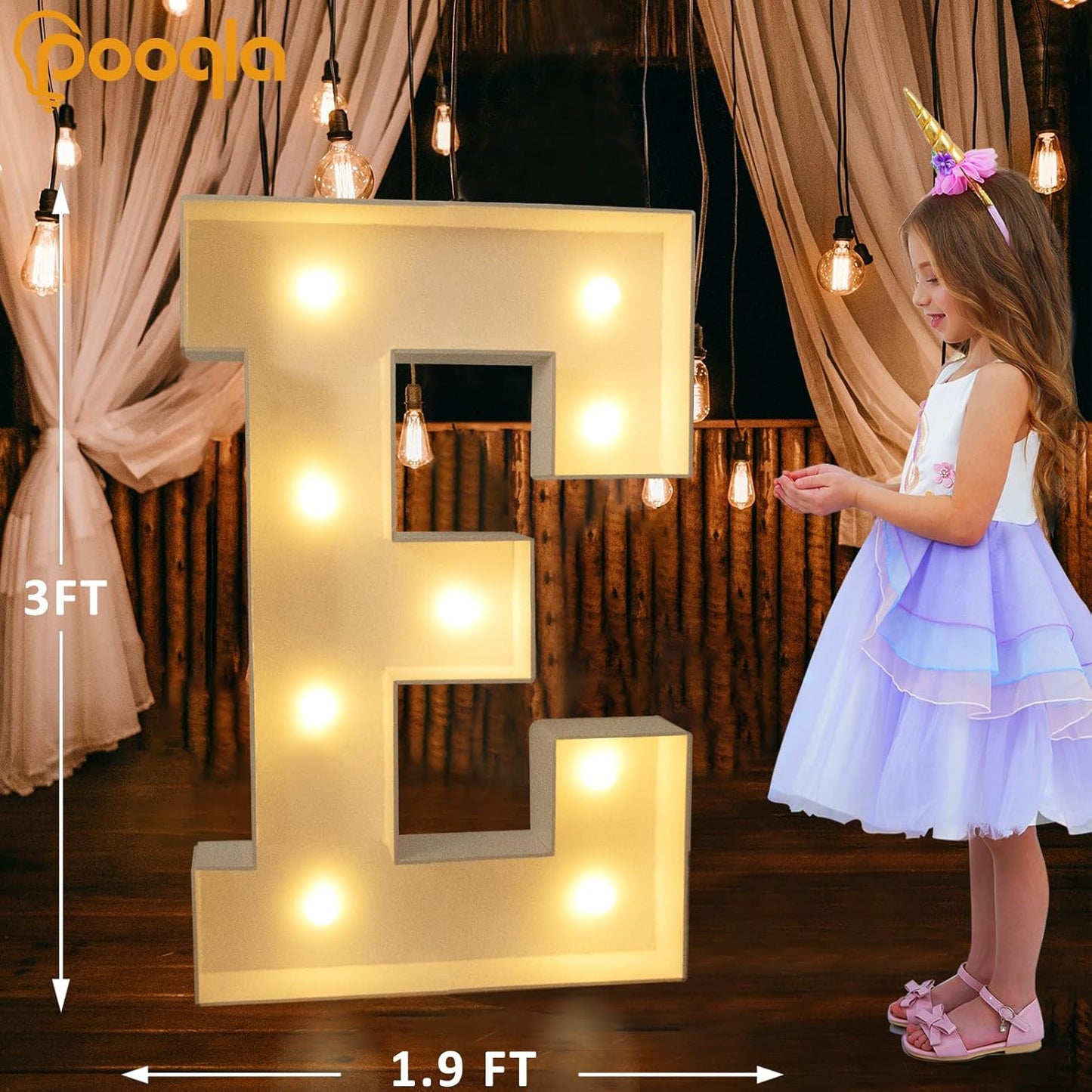 Pooqla 3FT Light Up Marquee Letters, Cool White and Warm White LED Large Lighted Marquee Letters, Giant Mosaic Letter Sign for Balloons Birthday Anniversary Wedding Party Decoration, LED E