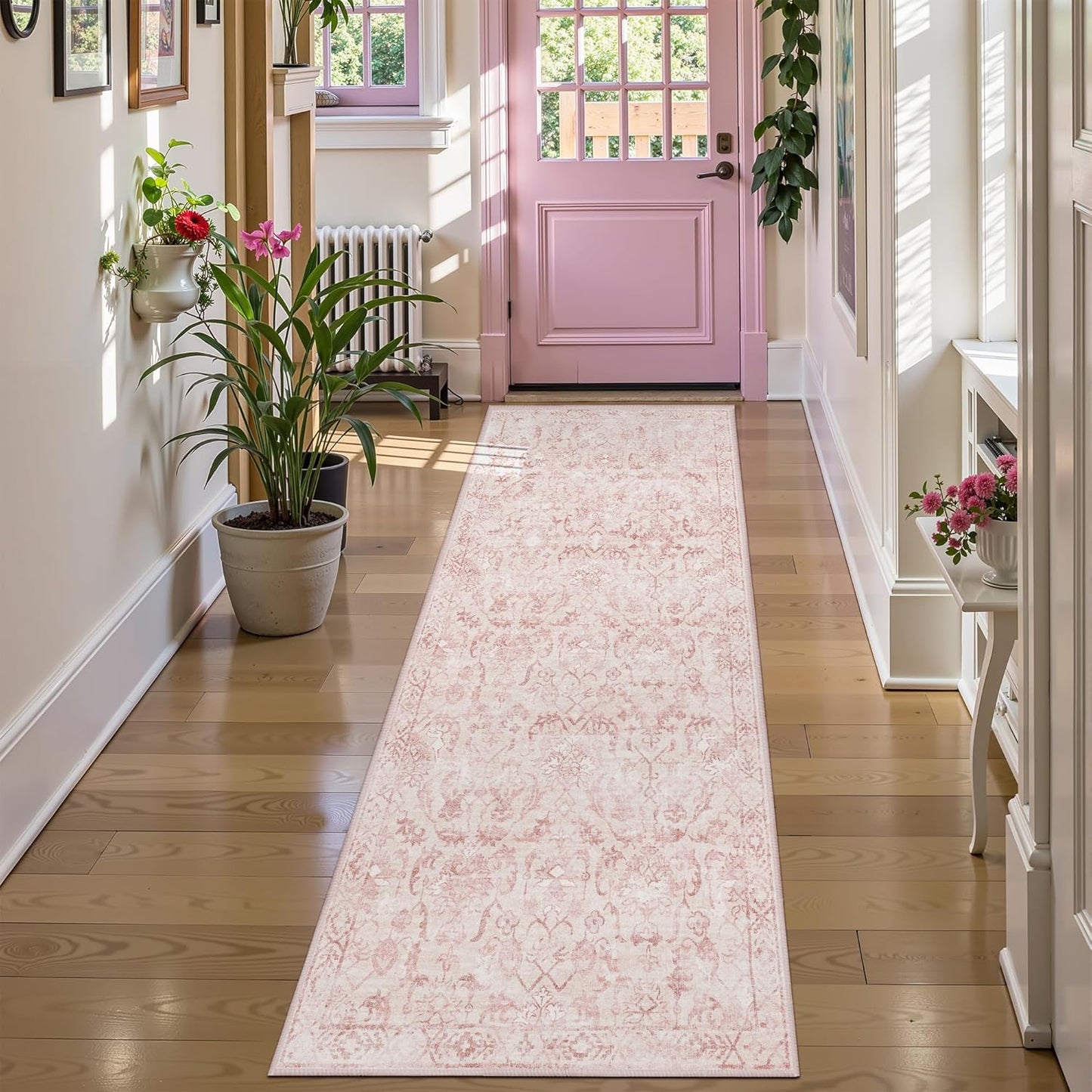 Pink 3x7 Runner Rug for Hallways Bed Side Kitchen, Boho Washable Distressed Low-Pile Floor Entryway Long Bathroom Mat, Non-Slip Laundry Room Washstand Front Carpet Green 36x84 Inch