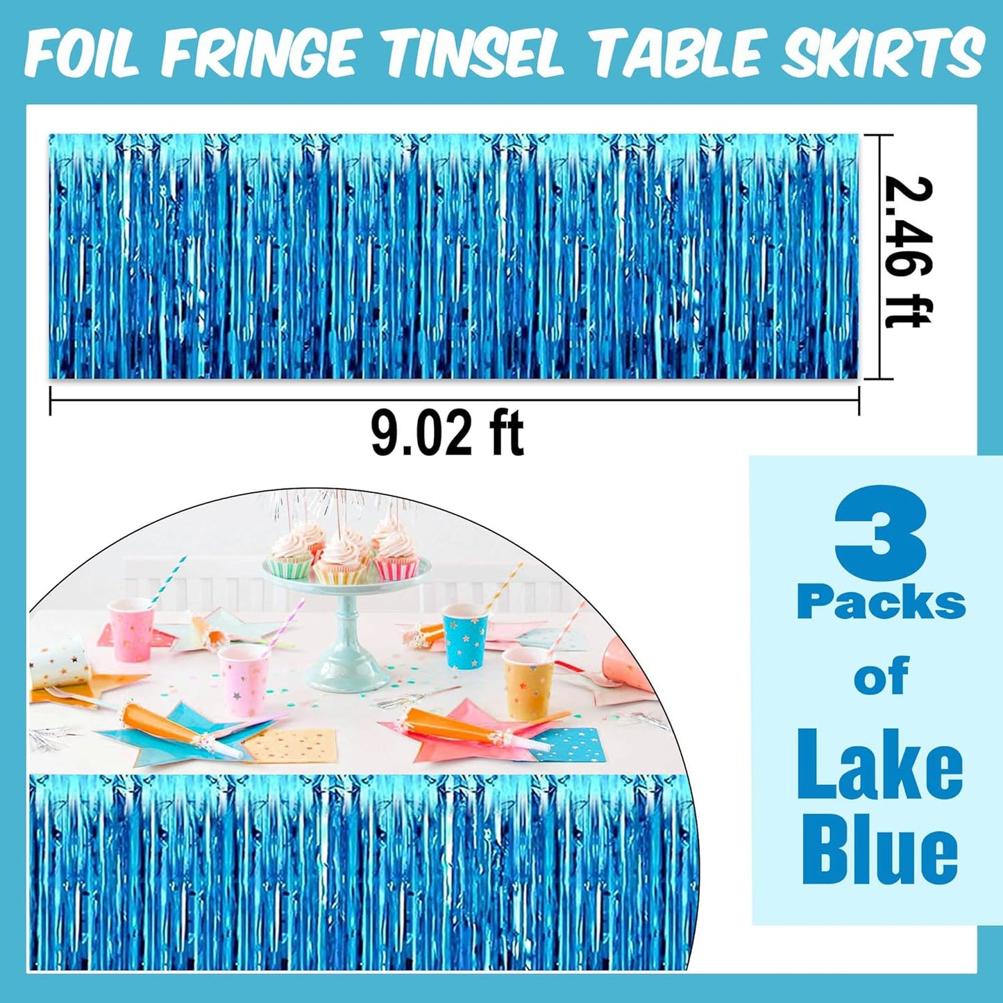 3 Pack Lake Blue Foil Fringe Table Skirts Metallic Tinsel Streamers Garland Banner Backdrop for Table Decor, Parade Float, Birthday, Wedding, Halloween, Christmas Party Decorations(29x108 In)