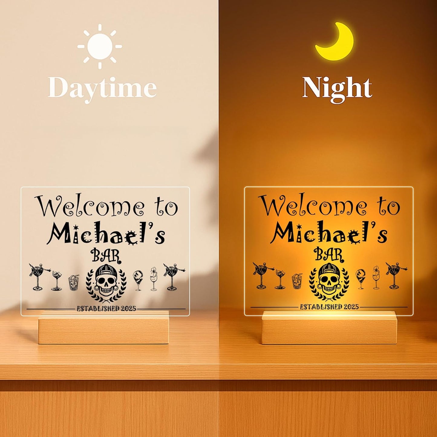 Personalized Bar Gifts for HOME BAR, Custom Name Date Acrylic Light Up Signs, Customized Acrylic Plaque with Night Light, Personalized Night Light for Man Cave Decor