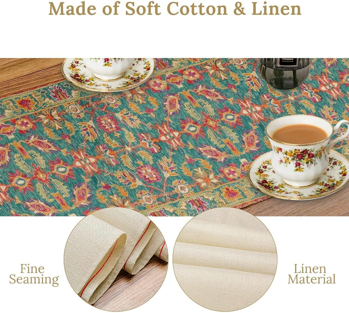 Vintage Boho Floral Table Runner, Rustic Country Farmhouse Teal Red Purple Flower Pattern for Home Kitchen Table Decor Dining Coffee Room Party Decor 13x60in