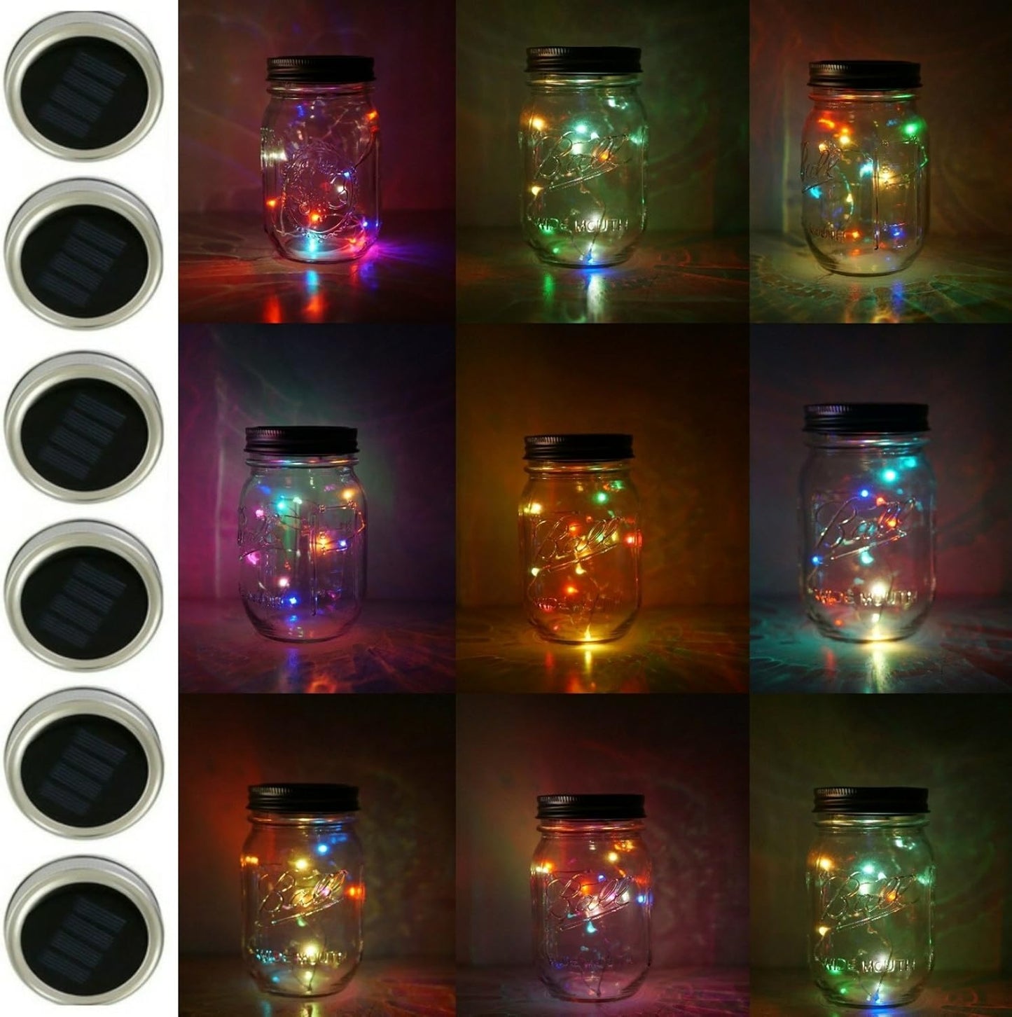 6 Pack Mason Jar Lights, 10 LED Solar Colorful Flicker Fairy String Lights Lids Insert for Garden Deck Patio Party Wedding Decorative Lighting Fit for Regular Mouth Jars …