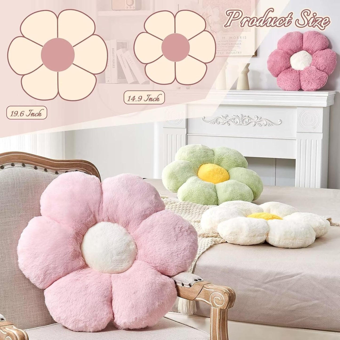 White Flower Plush Throw Pillow, Cute Decorative Flower Shaped with Faux Rabbit Fur, 14.9" Soft Throw Pillow for Bedroom Living Room