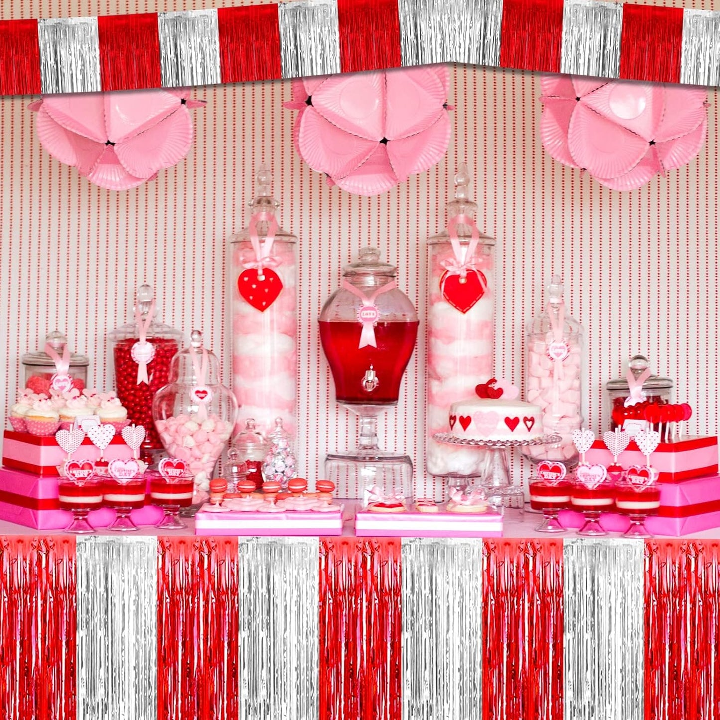 10 Pack 10 Feet Foil Fringe Garland Metallic Tinsel Streamers Banner Wall Hanging Backdrop for Parade Floats, Circus Welcome Carnival Birthday Party Decorations(Silver Red)