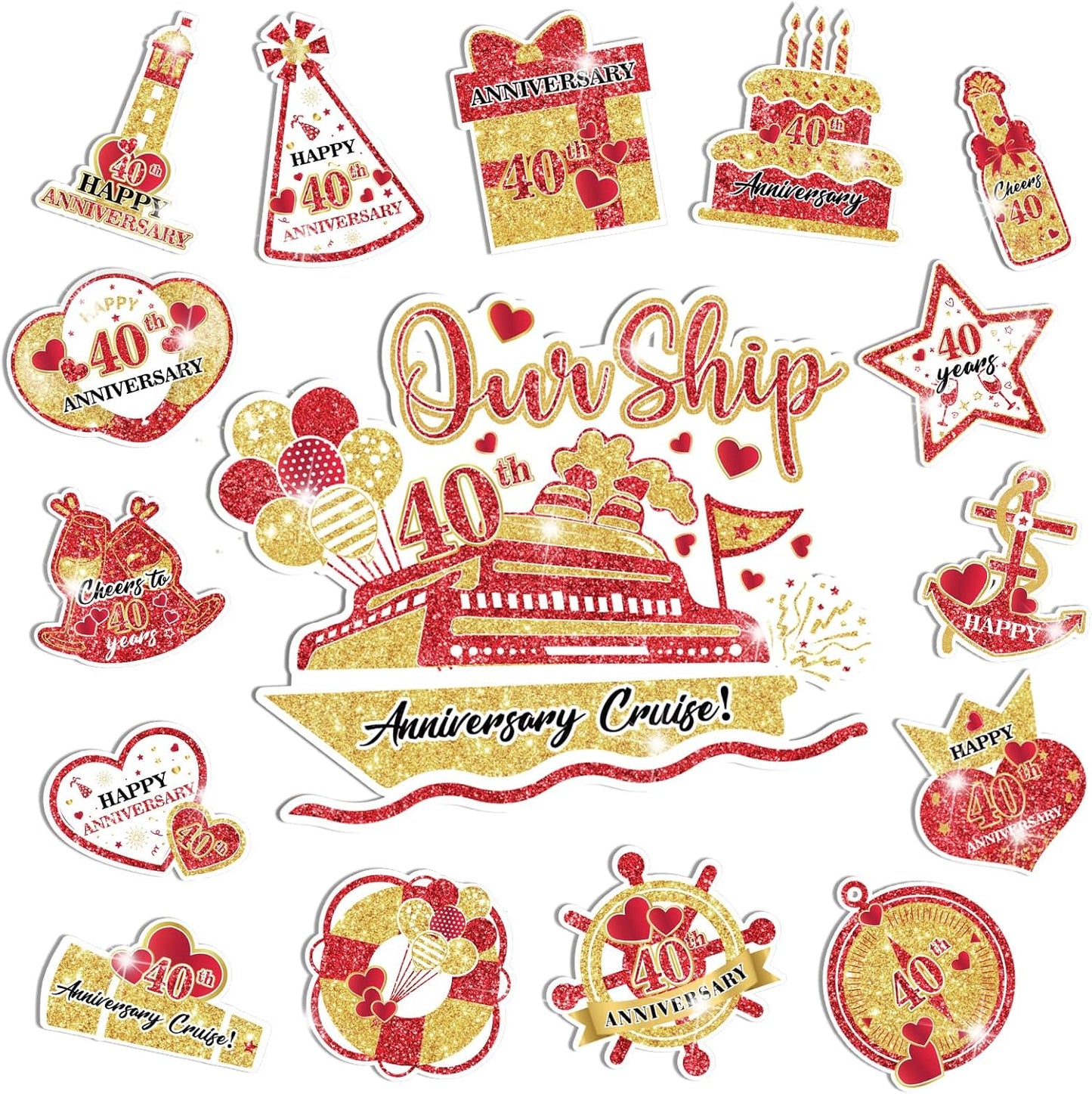 40th Anniversary Cruise Door Magnets Decorations Red Gold Happy 40th Anniversary Cruise Ship Door Decor Magnetic for Married in 1985 Men Women Wedding Party Refrigerator Fridge Car Kitchen Garage