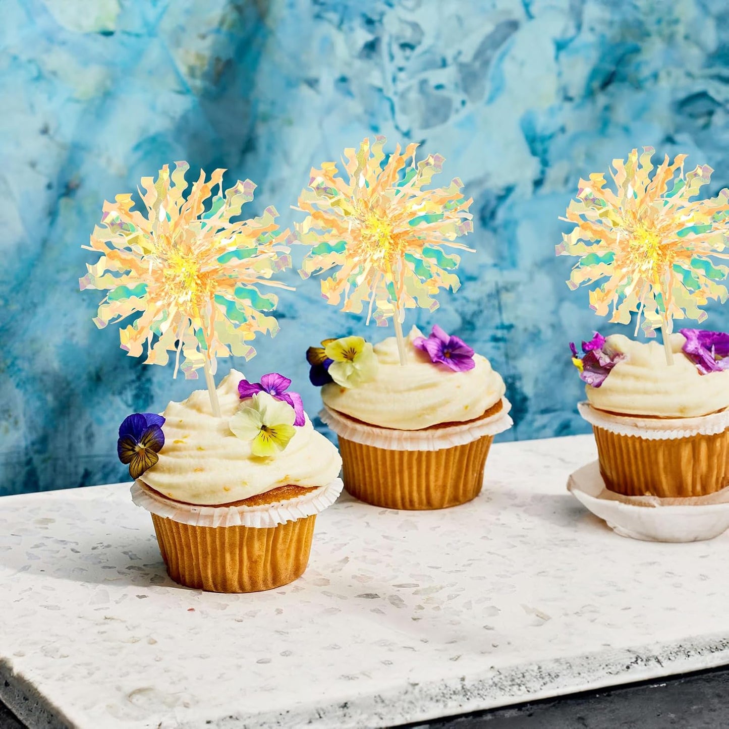 Ephlyn 30Pcs Foil Firework Cupcake Toppers Sparkle Tinsel Drink Birthday Cake Decorations Cocktail Food Fruit Toothpick for New Years Wedding Birthday Party Decorations Yellow