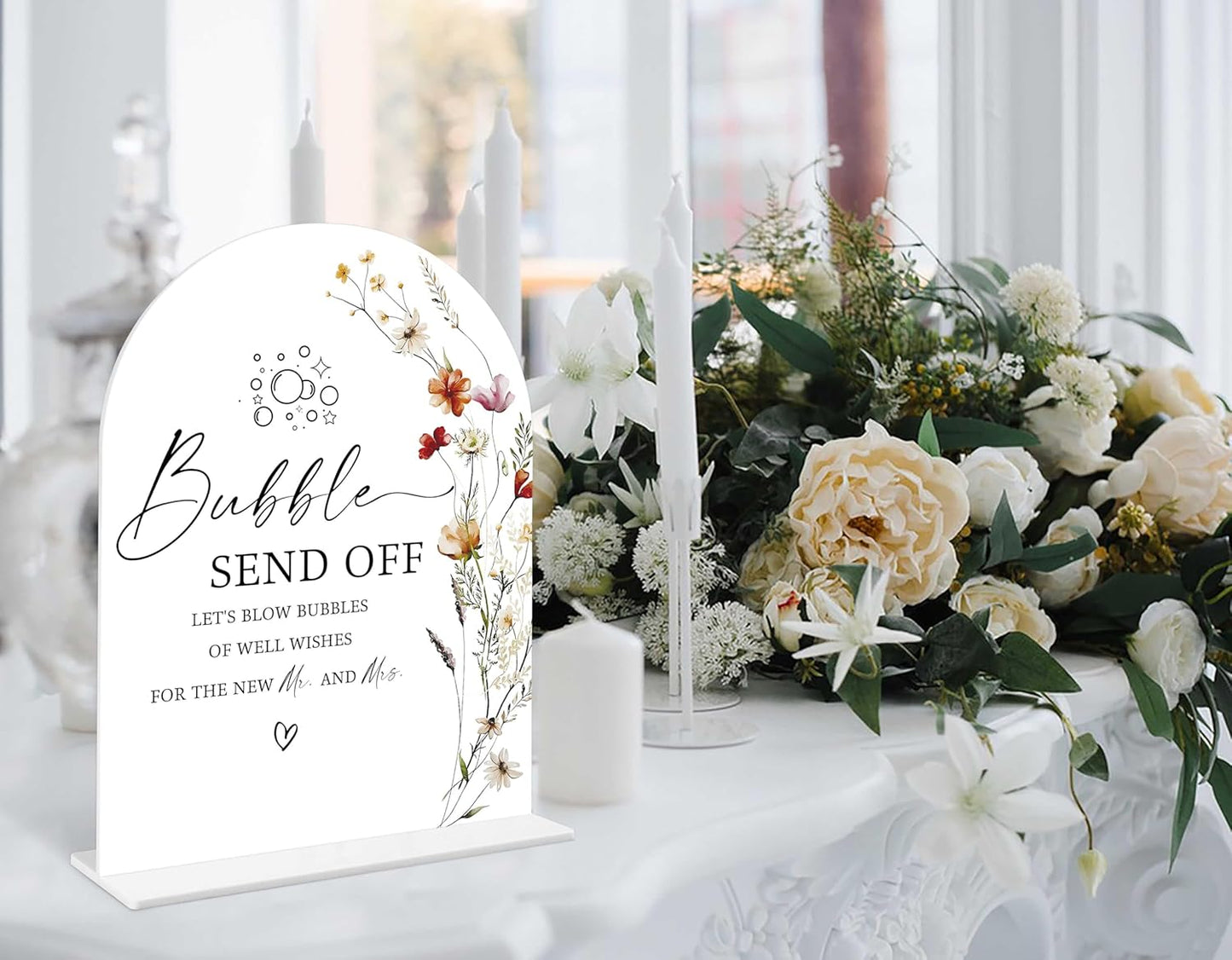 Boho Floral Bubble Send Off Sign, 6 x 8 Inch White Arch Acrylic Wedding Sign with Holder, Wedding Sign for Ceremony and Reception, Wedding Decoration, Wedding Supplies - BX14
