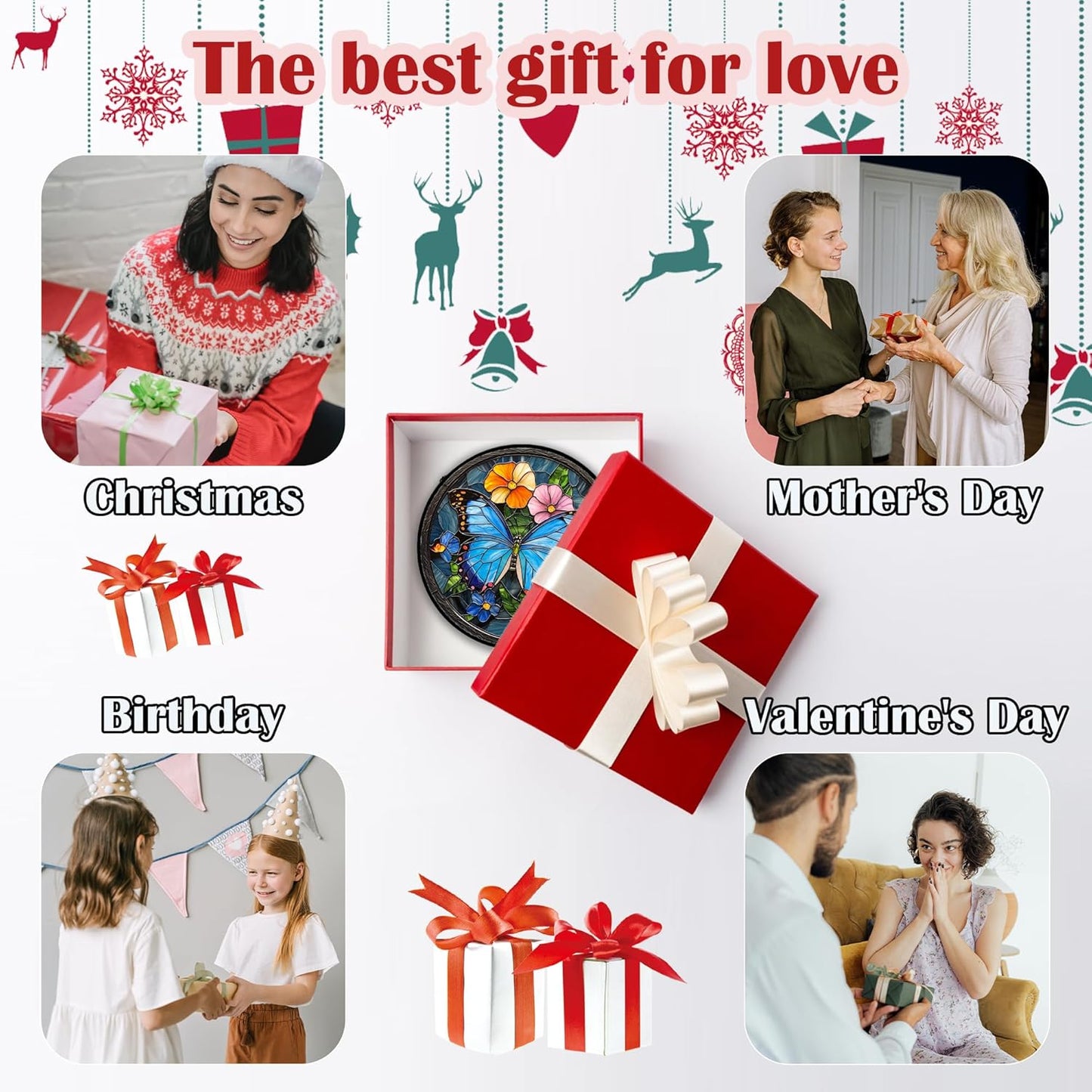 Stained Glass Window Hanging, Blue Butterfly Flower Suncatcher for Doors Home Sun Catchers Decoration and Christmas, Mother's Day Birthday Gifts for Women, Men, and Mom 7.8 in