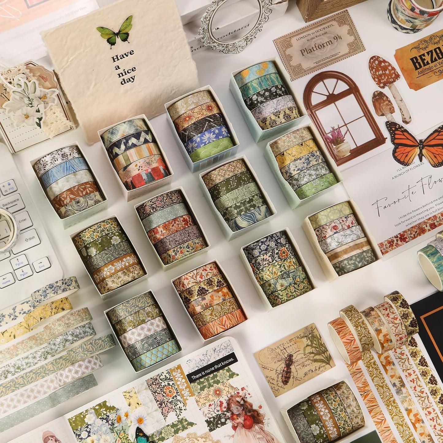 YUBBAEX 60 Rolls Value Washi Tape Pack Retro Arts Masking Tape Basic Patterns Decorative for DIY Crafts, Bullet Journal Supplies, Planners, Scrapbook, Card/Gift Wrapping (Retro Baroque)