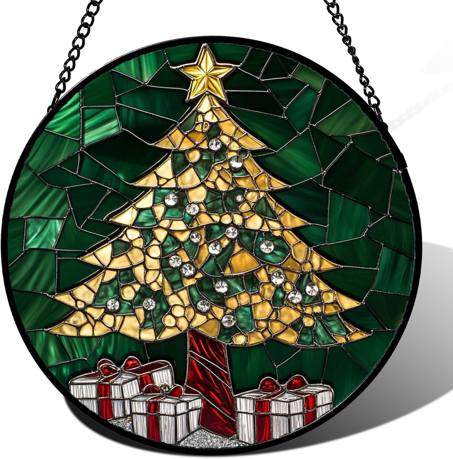 Stained Glass Window Hanging - Gold Green Christmas Tree Suncatcher for Doors Home Christmas Decoration Winter Sun Catcher Thanksgiving New Year Birthday Gifts for Women Men Mom Nana 7.8 in