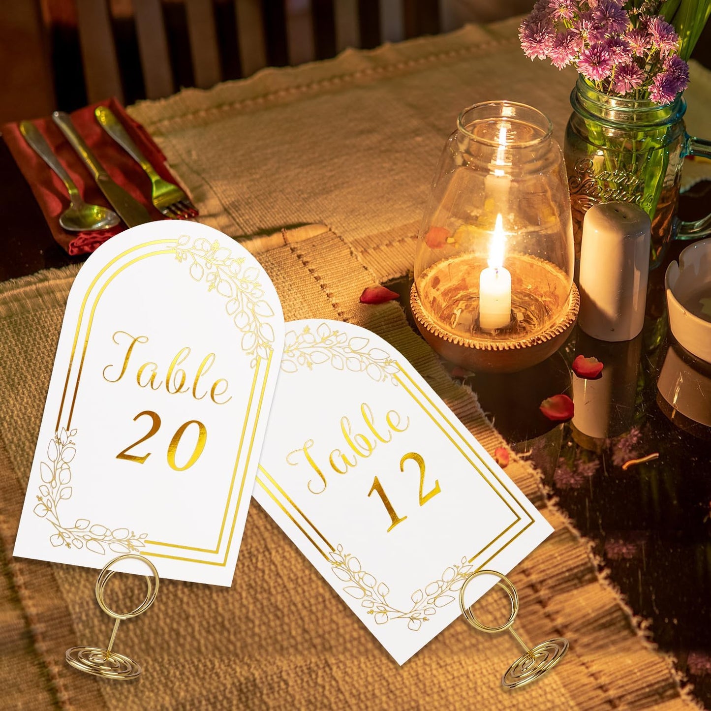 Wedding Table Numbers 1-40, 40 White Gold Cards with 40 Gold TableNumber Holders for Wedding Reception(Card and Holder)