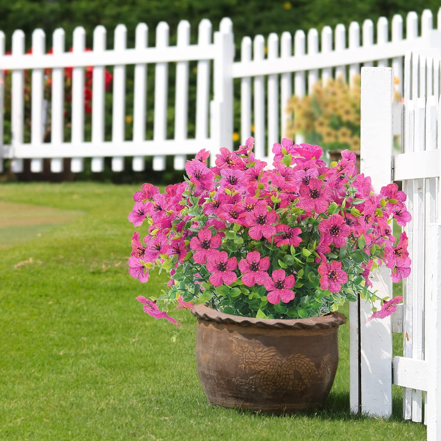 12 Bundles Artificial Flowers Outdoor UV Resistant Fake Plastic Plants Indoor Outside Hanging Plants Garden Porch Window Box Home Wedding Farmhouse Festive Shrub Decor (Rose Red)