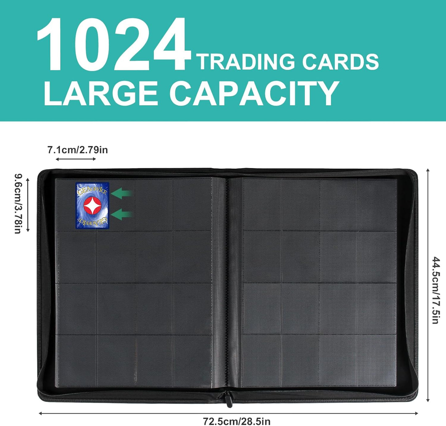 GEAoffice Premium 1000 Trading Card Binder, Large Side Loading 16 Pocket Card Collection Binder Album Folder for MTG, TCG & Sports, Turquoise