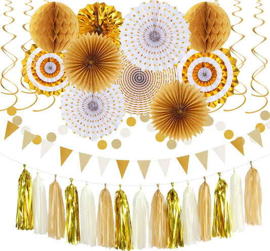 White Gold Bridal-Shower Engagement Party-Decorations - 33pcs Banner,Streamers Tassel Garland,Tissue Pom Poms Honeycomb,Paper Lantern Fans,Christmas Wedding Bachelorette Baby Birthday Decor Hugtmr