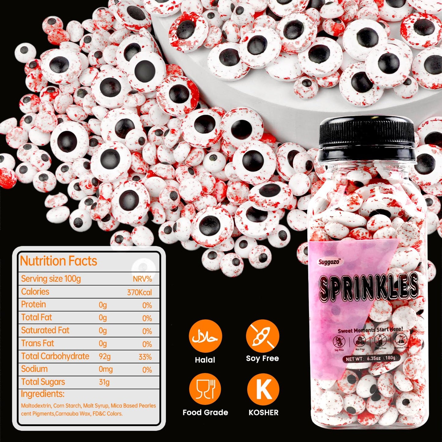 Halloween Sprinkles, Edible Eyeballs Candy, Bloody Eyes Sprinkles for Cake Decorating, Halloween Cupcake & Cookie Toppers, Creepy Party Candy Supplies, 180g/ 6.35oz